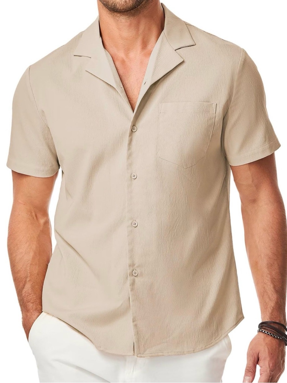 Men's Short Sleeve Camp Collar Shirt in Beige